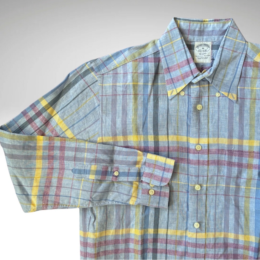 Brooks Brothers Regent Linen Pastel Plaid Button Down Shirt Medium